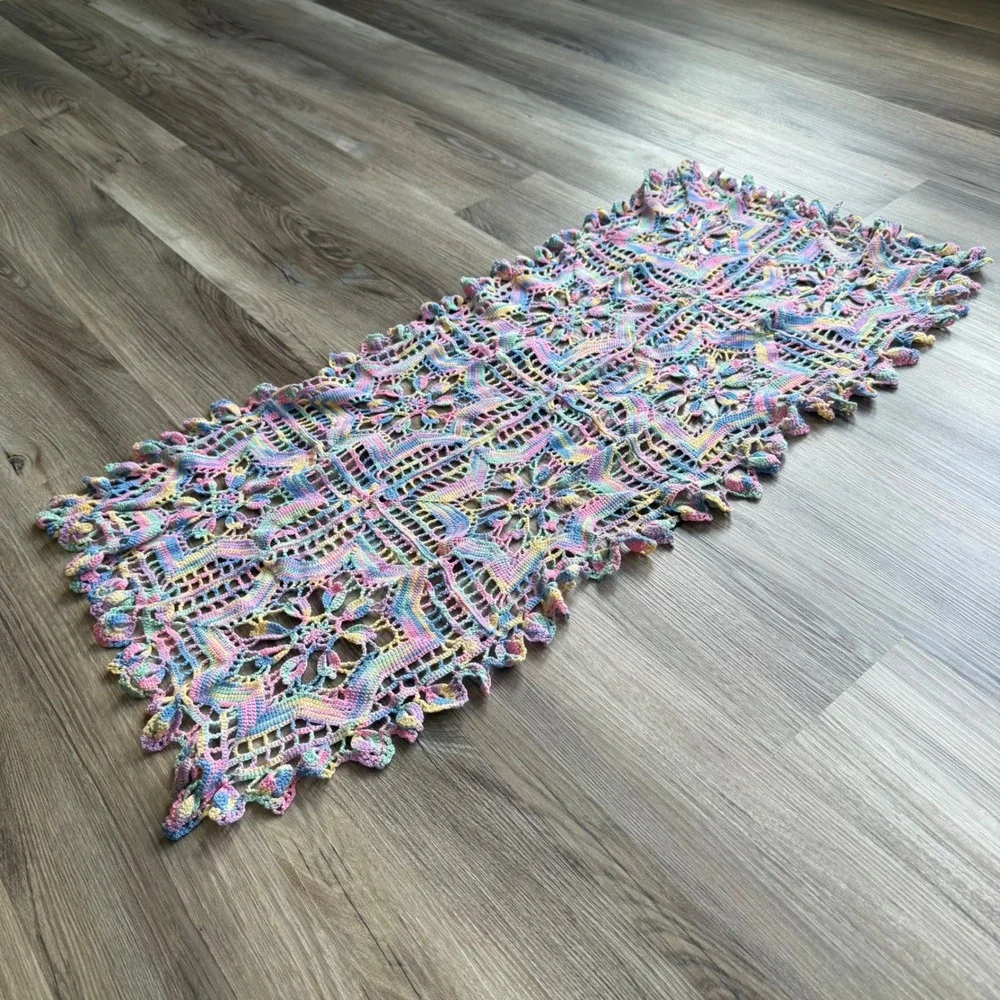 Handmade Crochet Table Runner Variegated Pastel Rainbow Cotton Doily 36x18 Boho